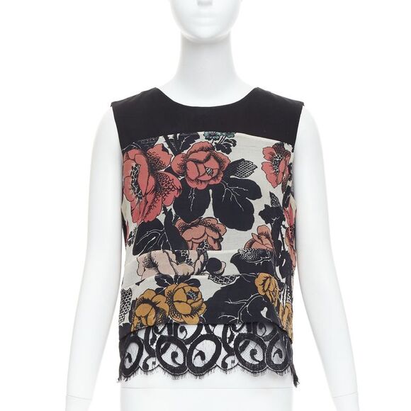 DRIES VAN NOTEN 100% silk black red floral block print lace hem top FR38 M